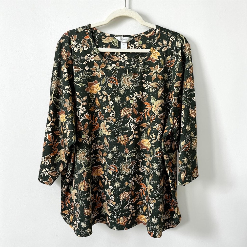 CJ Banks Tunic Top Women's 2X New NWT Forest Green Leaf Pattern Earthy Casual